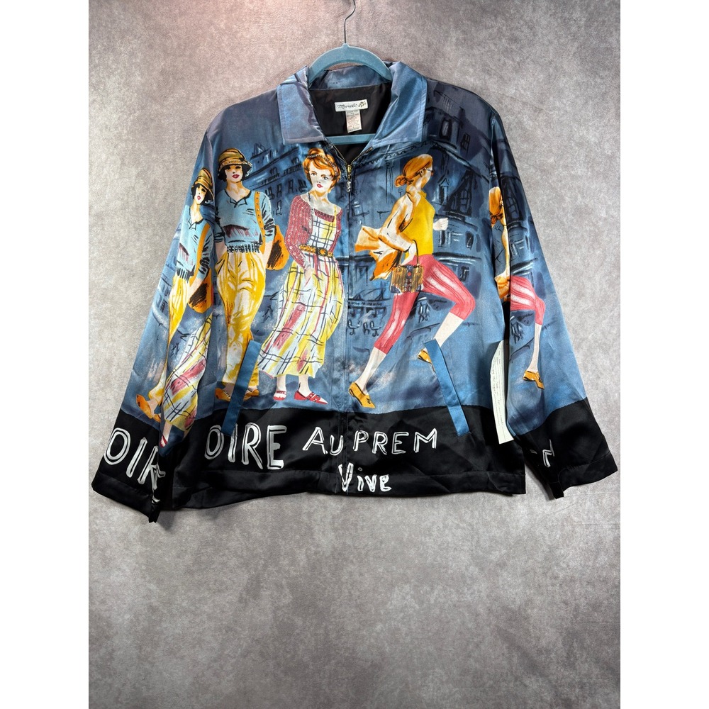 Vintage Mureli Silk Bomber Jacket Women Large Blue Art Deco Graphic Print Zip Up